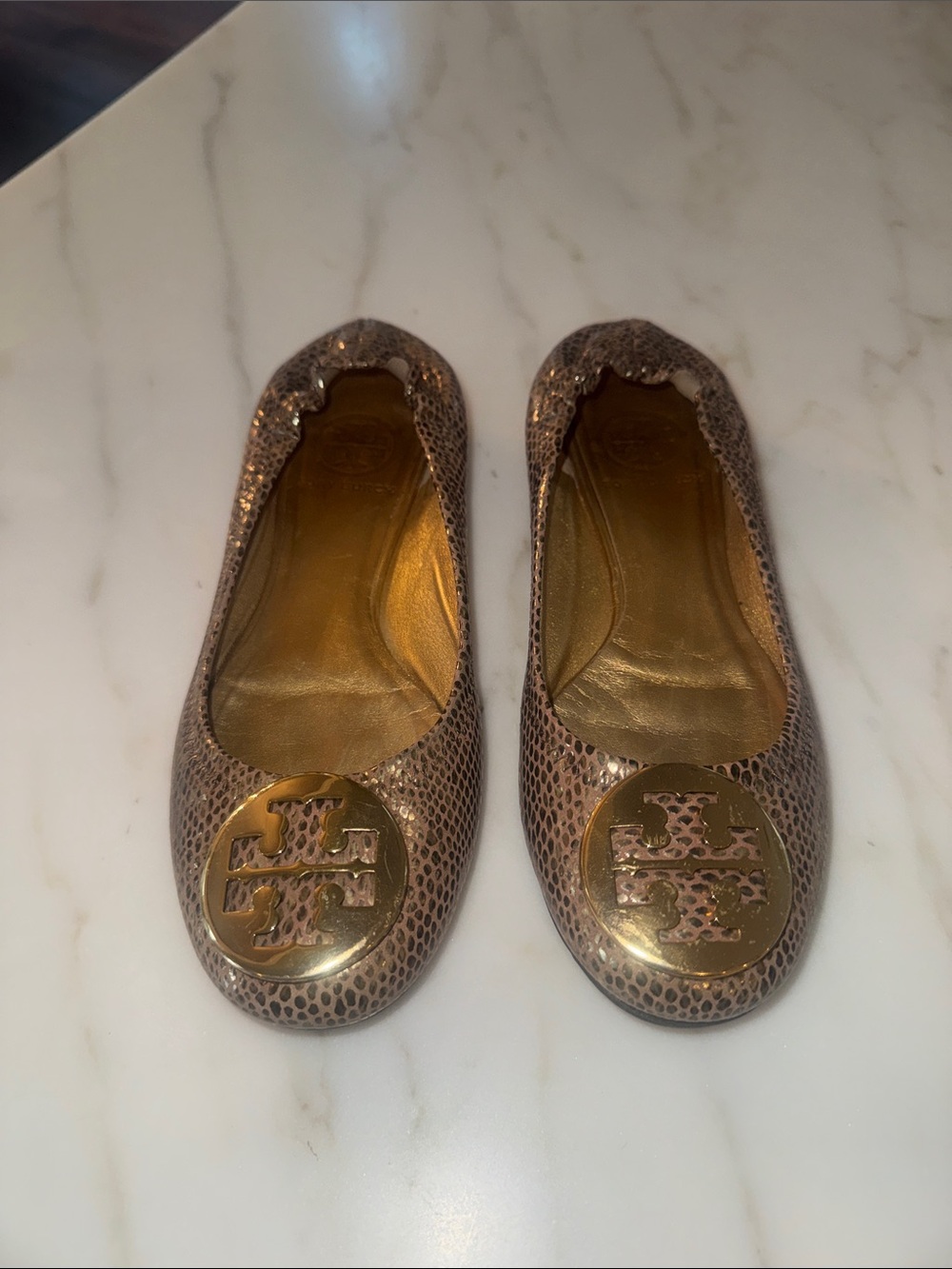 Tory Burch Gold Metallic Reva Snake-Embossed Ballet Flats